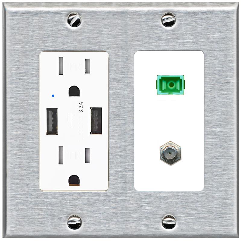 RiteAV 1 Port SC-APC Fiber Simplex Coax Cable TV Wall Plate - USB Charger [Stainless/White]