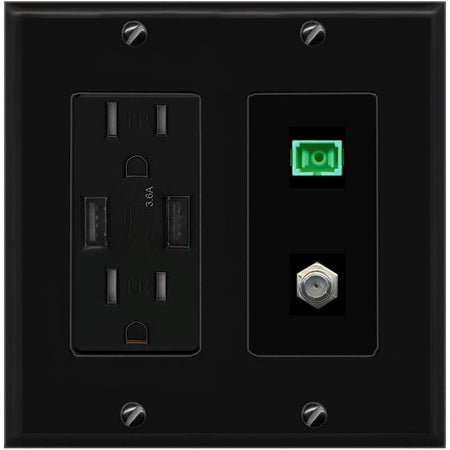 RiteAV 1 Port SC-APC Fiber Simplex Coax Cable TV Wall Plate - USB Charger [Black/Black]