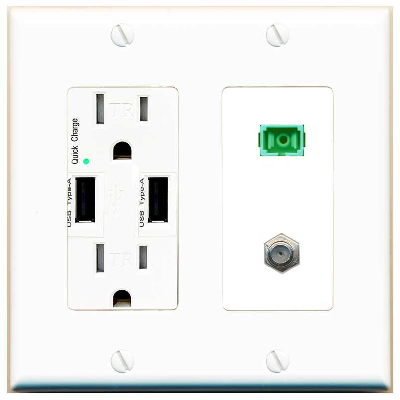 RiteAV 1 Port SC-APC Fiber Simplex Coax Cable TV Wall Plate - USB Charger [White]