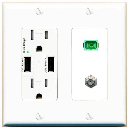 RiteAV 1 Port SC-APC Fiber Simplex Coax Cable TV Wall Plate - USB Charger [White]
