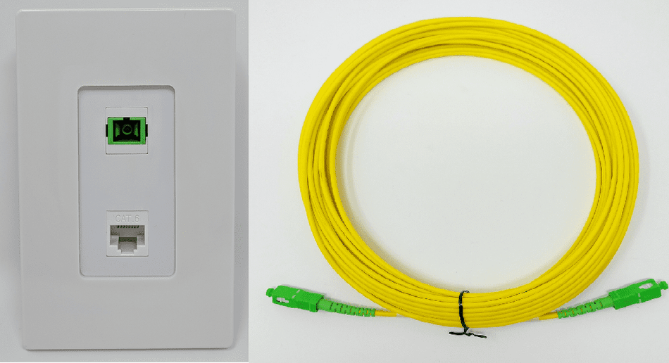 RiteAV - 1 Port SC/APC Simplex Fiber 1 Port Cat6 Ethernet Screwless Decorative Wall Plate includes a 50 Meter SC/APC Singlemode Simplex Cable