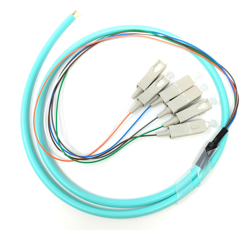 6 Strand Multimode OM3 50/125 SC-UPC Fiber Pigtail, 1 Meter